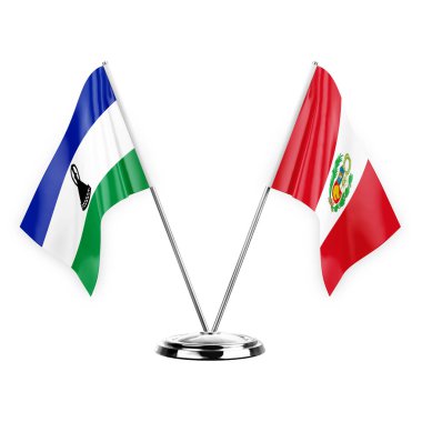 Two table flags isolated on white background 3d illustration, lesotho and peru
