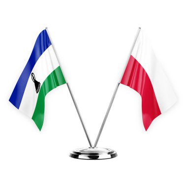 Two table flags isolated on white background 3d illustration, lesotho and poland
