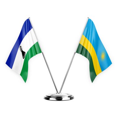 Two table flags isolated on white background 3d illustration, lesotho and rwanda
