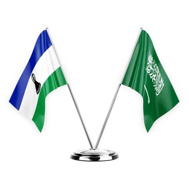 Two table flags isolated on white background 3d illustration, lesotho and saudi arabia
