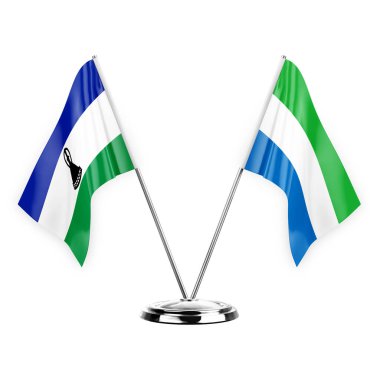 Two table flags isolated on white background 3d illustration, lesotho and sierra leone