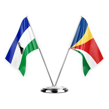 Two table flags isolated on white background 3d illustration, lesotho and seychelles