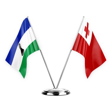 Two table flags isolated on white background 3d illustration, lesotho and tonga