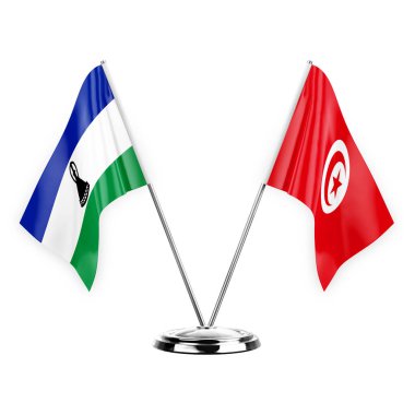 Two table flags isolated on white background 3d illustration, lesotho and tunisia