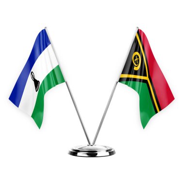 Two table flags isolated on white background 3d illustration, lesotho and vanuatu