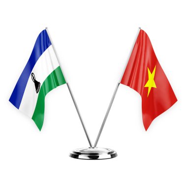 Two table flags isolated on white background 3d illustration, lesotho and vietnam