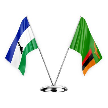 Two table flags isolated on white background 3d illustration, lesotho and zambia