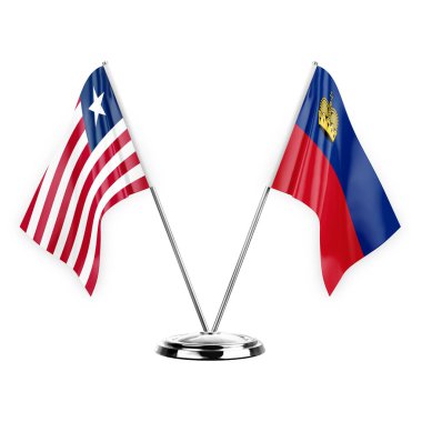 Two table flags isolated on white background 3d illustration, liberia and liechtenstein