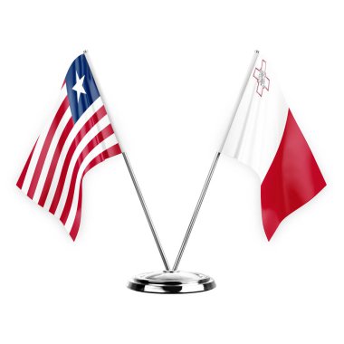 Two table flags isolated on white background 3d illustration, liberia and malta