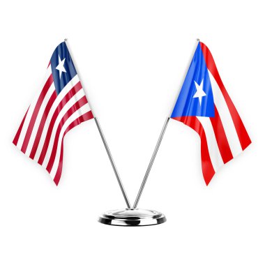 Two table flags isolated on white background 3d illustration, liberia and puerto rico