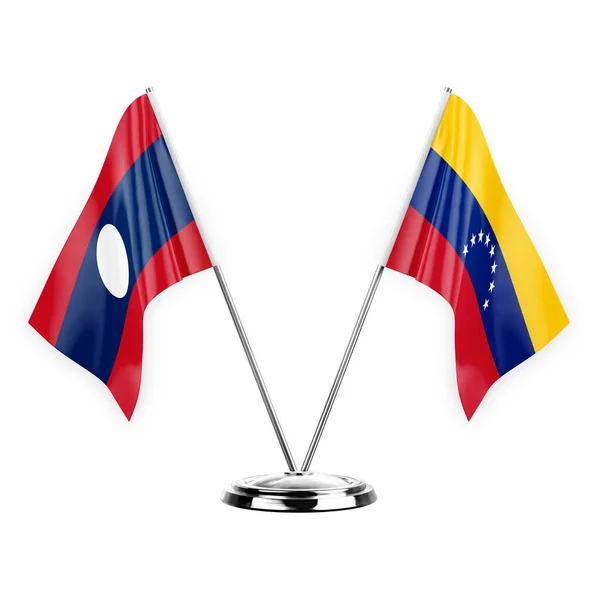 Dos Banderas Mesa Aisladas Sobre Fondo Blanco Ilustración Laos Venezuela — Foto de Stock