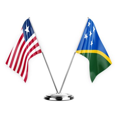 Two table flags isolated on white background 3d illustration, liberia and solomon islands