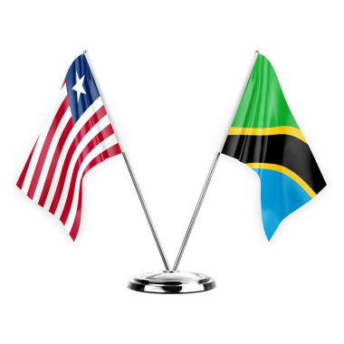 Two table flags isolated on white background 3d illustration, liberia and tanzania