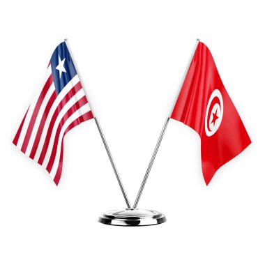 Two table flags isolated on white background 3d illustration, liberia and tunisia