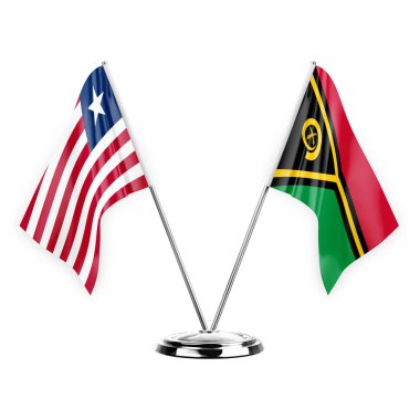 Two table flags isolated on white background 3d illustration, liberia and vanuatu