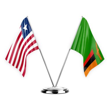 Two table flags isolated on white background 3d illustration, liberia and zambia