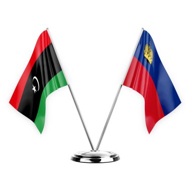 Two table flags isolated on white background 3d illustration, libya and liechtenstein