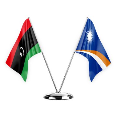 Two table flags isolated on white background 3d illustration, libya and marshall islands