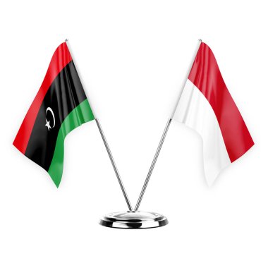 Two table flags isolated on white background 3d illustration, libya and monaco
