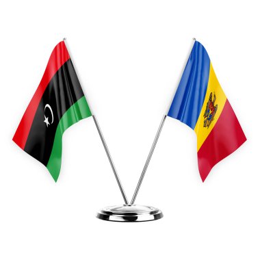 Two table flags isolated on white background 3d illustration, libya and moldova