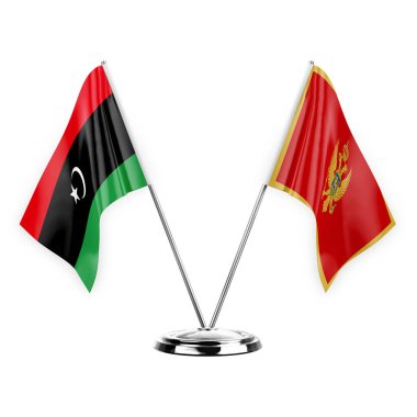 Two table flags isolated on white background 3d illustration, libya and montenegro