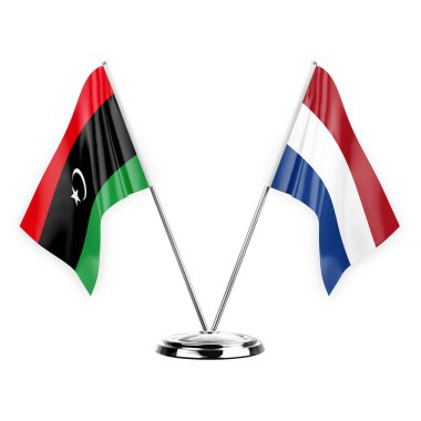 Two table flags isolated on white background 3d illustration, libya and netherlands