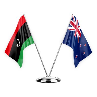 Two table flags isolated on white background 3d illustration, libya and new zealand