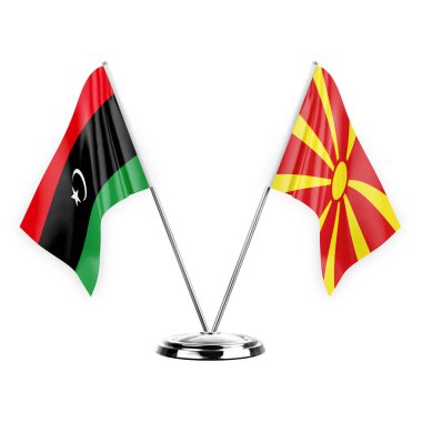 Two table flags isolated on white background 3d illustration, libya and north macedonia