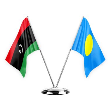 Two table flags isolated on white background 3d illustration, libya and palau