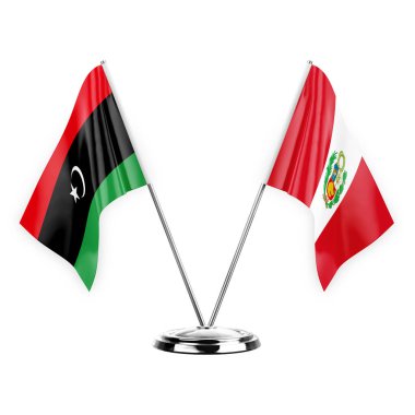 Two table flags isolated on white background 3d illustration, libya and peru