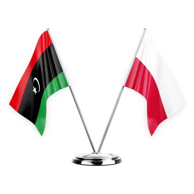 Two table flags isolated on white background 3d illustration, libya and poland