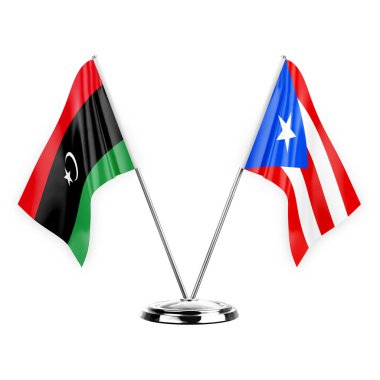 Two table flags isolated on white background 3d illustration, libya and puerto rico