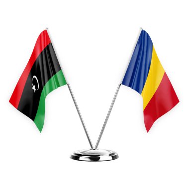 Two table flags isolated on white background 3d illustration, libya and romania