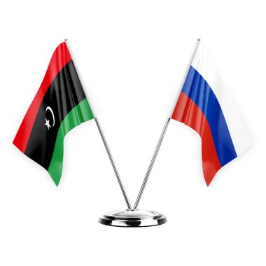 Two table flags isolated on white background 3d illustration, libya and russia