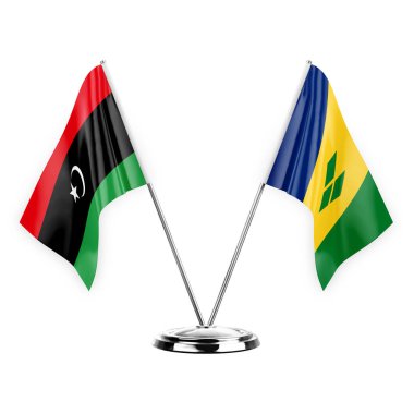 Two table flags isolated on white background 3d illustration, libya and saint vincent and the grenadines