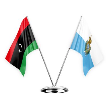 Two table flags isolated on white background 3d illustration, libya and san marino