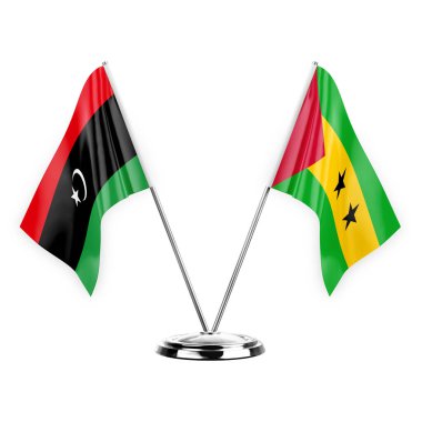 Two table flags isolated on white background 3d illustration, libya and sao tome and principe