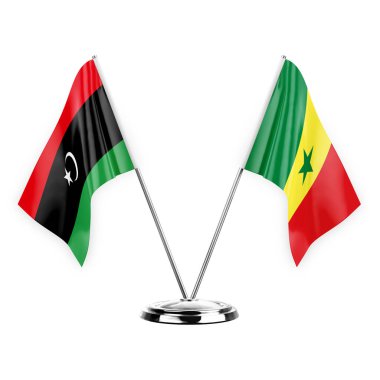 Two table flags isolated on white background 3d illustration, libya and senegal