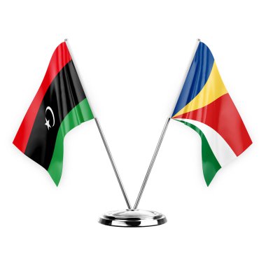 Two table flags isolated on white background 3d illustration, libya and seychelles
