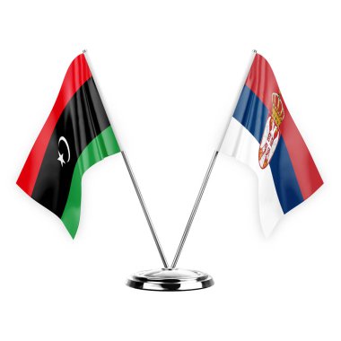 Two table flags isolated on white background 3d illustration, libya and serbia