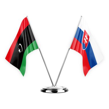 Two table flags isolated on white background 3d illustration, libya and slovakia
