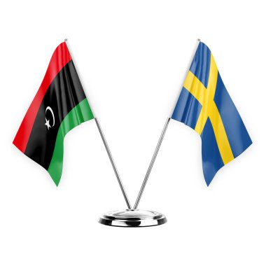 Two table flags isolated on white background 3d illustration, libya and sweden