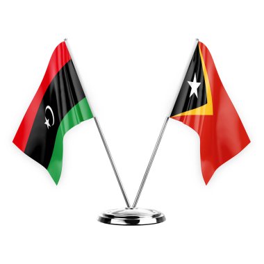 Two table flags isolated on white background 3d illustration, libya and timor leste