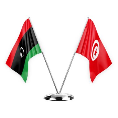 Two table flags isolated on white background 3d illustration, libya and tunisia