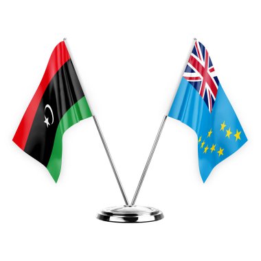 Two table flags isolated on white background 3d illustration, libya and tuvalu