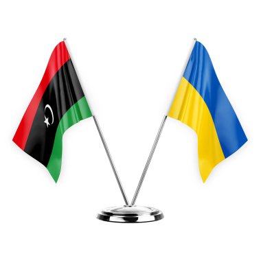 Two table flags isolated on white background 3d illustration, libya and ukraine