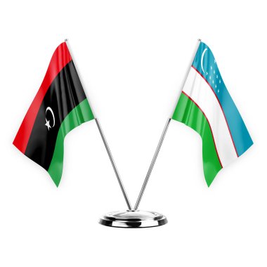 Two table flags isolated on white background 3d illustration, libya and uzbekistan