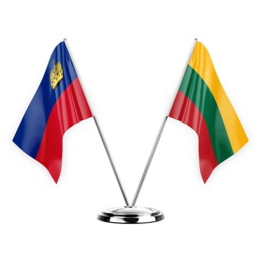 Two table flags isolated on white background 3d illustration, liechtenstein and lithuania