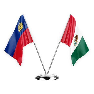Two table flags isolated on white background 3d illustration, liechtenstein and mexico