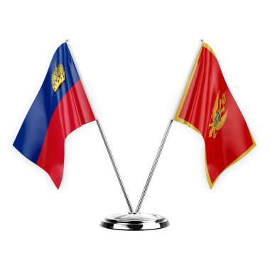 Two table flags isolated on white background 3d illustration, liechtenstein and montenegro